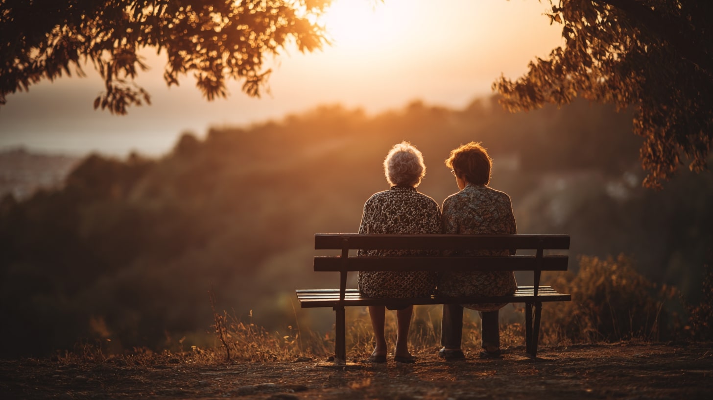 Personne âgée et aidant assis côte à côte sur un banc, partageant un moment de calme malgré la maladie d’Alzheimer.