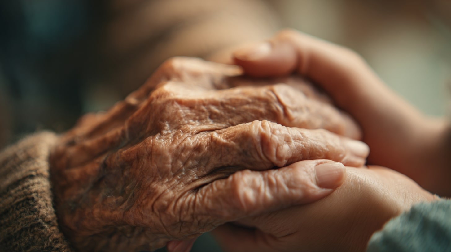 Main d’une personne âgée tenue par un proche, illustrant le lien affectif dans la maladie d’Alzheimer.
